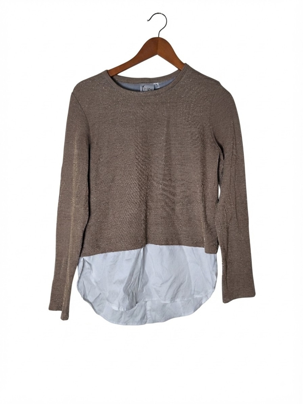 Finley Taupe Crewneck Sweater White Shirt Hem Size S